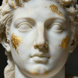 close up of face of marble sculpture, splashed with gold, official versace editorial, highly detailed
