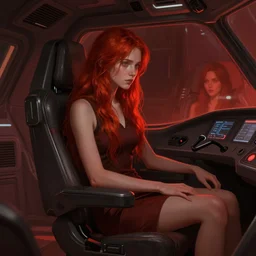 concept art by greg rutkowski, a very tall, slender redhead girl sitting in the spaceship cockpit, dim reddish - toned lighting, detailed portraits, depressing atmosphere, scifi, digital painting, artstation, concept art, smooth, sharp foccus ilustration, artstation hq