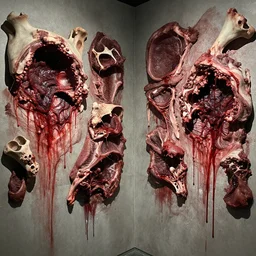photograph walls made of raw flesh and bones, bloody, graphic, found footage, horrid
