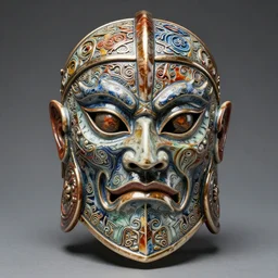 fantasy art ultra 4 k photo of a bizzare colorful metal armor warrior mask made of ceramic intricately carved by a master engraver by h. r. giger