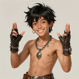 a boy with black hair dressed as a demigod with fingerless gloves, pendants, chains and jewelry and a big smile and friendly demeanor. Concept art. Trending on Artstation. By Ilya Repin, Norman Rockwell .