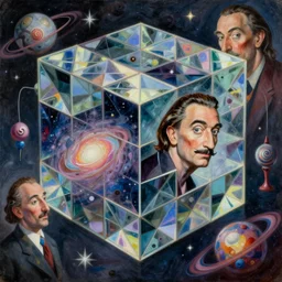 a hd surrealism painting of 3d cast glass galactic hypercube buildings by dali and kandinsky, ultra detailed, 4k, oil on canvas