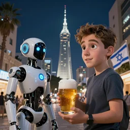 night tel aviv streets, software developer of greatest ai drink beer with futuristic robot and looking at linkedin tower, photorealism, face claver, detailed, big eyes, robots anywhere, tel aviv, menora, magen david, hi tech, flag of israel