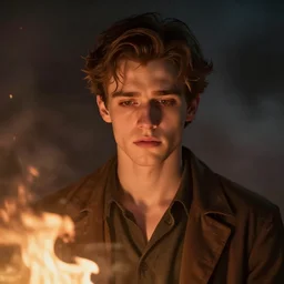 sad prince charming, cinematic, smoke and fire, moody light, painterly style.