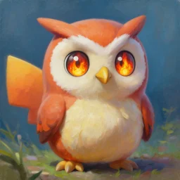 full shot,a oil painting of cute owl Pokémon with big eyes made of flame,Ford, Henry Justice,Zatzka, Hans,trending on artstation,3d octane render,High detail