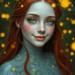 adorable woman, serene smile surrounded by golden firefly lights, amidst nature fully covered by a intricate detailed dress, long red hair, precise linework, accurate green eyes, small nose with freckles, smooth oval shape face, empathic, expressive emotions, nocturnal spiritual scene, hyper realistic ultrafine art by artemisia gentileschi, jessica rossier, boris vallejo