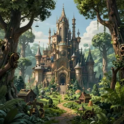 exquisite imaginative fantasy landscape lush forests, gnarly trees, with steampunk castles movie poster by : : norman rockwell, sargent, james gurney weta studio, trending on artstation james jean frank frazetta