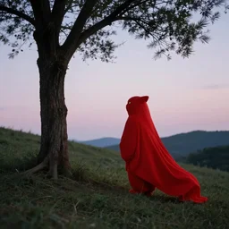 a bright red creature near a tree on a hill at dusk, 4 k