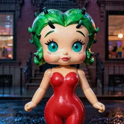 night flash portrait photography of animatronic betty boop with green hair on the lower east side by annie leibovitz, colorful!!, nighttime!, raining!