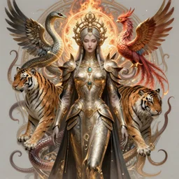 intricate fanart front pose portrait of an elegant synth - wave siberian war goddess, ancient high tech, rattlesnake, phoenix, tiger, squid, armor, burning halo, intricate, elegant, highly detailed, digital painting, artstation, concept art, smooth, sharp focus, illustration, art by artgerm and greg rutkowski and alphonse mucha