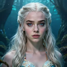 Daenerys Targaryen as a mermeid with a piercing gaze wearing a shell bikini in an underwater magical forest, highly detailed face, realistic face, beautiful detailed eyes, fantasy art, in the style of Frank Neidhardt, illustration, epic, fantasy, intricate, hyper detailed, artstation, concept art, smooth, sharp focus, ray tracing, vibrant, photorealistic