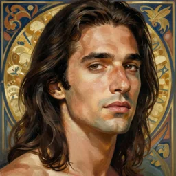 painted closeup portrait of james gandolfini, long hair, masculine, young, charming, majestic, athletic, fantasy, intricate, elegant, extremely detailed digital painting, trending artstation, concept art, sharp focus illustration art by alphonse mucha, greg rutkowski, craig mullins