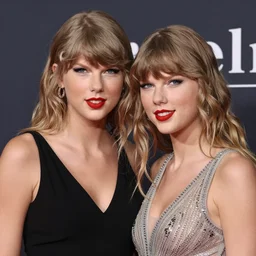 A portrait photo of taylor swift teams up with a teenage taylor swift, perfect faces, 50 mm, award winning photography