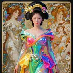 a highly detailed portrait of a futuristic japanese princess, neon colored dress, beautiful detail and color, art by john collier and albert aublet and krenz cushart and artem demura and alphonse mucha, volumetric lighting, octane render, 4 k resolution, matte, sharp focus, illustration, art by jacque - louis david, baroque style