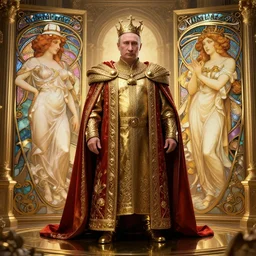 highly detailed vfx of vladimir putin as king, unreal engine, chrome reflect, tom bagshaw, alphonse mucha, global illumination, detailed and intricate environment