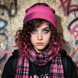 highly detailed portrait of a sewer ( ( emo punk ) ) lady student, beanie, blue eyes, tartan scarf, curly hair by atey ghailan, by greg rutkowski, by greg tocchini, by james gilleard, by joe fenton, by kaethe butcher, gradient pink, black, brown and cream color scheme, grunge aesthetic!!! graffiti tag wall background