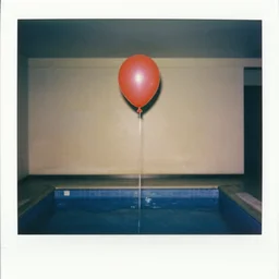 a red helium balloon floating above a pool inside a building from the 1 9 8 0's with no windows or people inside, old polaroid, expired film