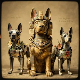a beautiful ultradetailed vintage photo of an ancient aztec dog breed, by tom bagshaw and anna dittman, portrait, vignette, 8 5 mm lens, golden ratio composition, detailed faces, studio photography, very detailed, robot dogs overgrown with flowers, artstation, 8 k, highly coherent
