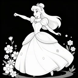figure princess superhero punching crime dancing in a ballgown, flowers, disney, marvel, cape, dress, powerful, beautiful, in the coloring book style, black and white,