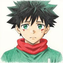 Izuku Midoriya crying blood tears, Greg Rutkowski color pencil painting