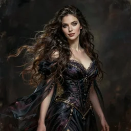 portrait of a female wizard in flowing sensual dress, long flowing hair, delicate, looking at camera, slightly smiling, realistic face, stylish, elegant, grimdark fantasy, extremely detailed painting inspired by Gerald Brom and Simon Stalenhag, studio lighting