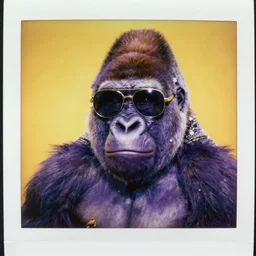 super awesome head to shoulder portrait colored polaroid film photograph of a purple gorilla wearing aviator shades with a yellow background. wearing bling from the hood. super classy. stylish. super resolution. extremely detailed. polaroid 6 0 0 film. by annie leibovitz and richard avedon