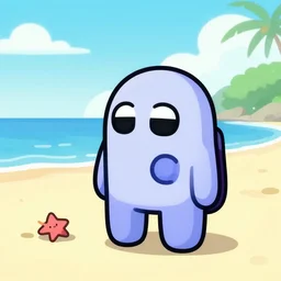 amongus character enjoying herself on a beach