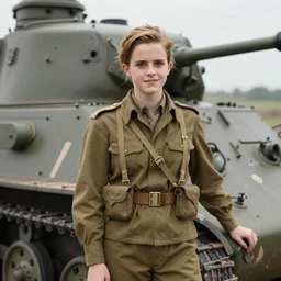 Historical photo of Emma Watson as a WW2 tank commander, posing with her tank, 1944