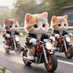 a pack of cute fluffy rainbow kittens wearing black jackets each riding a motorcycle, dynamic cinematic lighting high detailed digital art