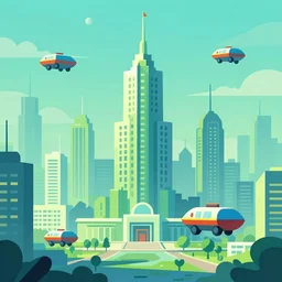 futuristic soviet city landscape with flying cars in vector low-poly-style in very vibrant green and blue shades