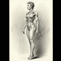 scarlett johansson as gigachad with perfect symmetrical anatomical proportions by greg rutkowski, pencil and ink, dramatic lighting, full body profile