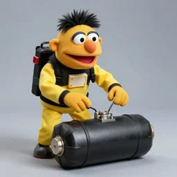 the muppet gonzo in a bomb diffusion suit defusing a bomb. action movie scene photograph.