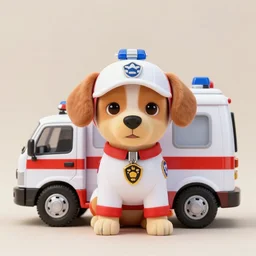 a cute puppy wearing an ambulance costume, dog cosplay, ambulance, vehicle, Canon EOS R3, f/1.4, ISO 200, 1/160s, 8K, RAW, unedited, symmetrical balance, in-frame