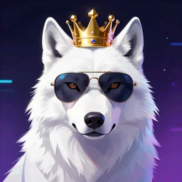 A white wolf wearing aviator glasses and a royal crown, synthwave inspired, digital art, ArtStation, CGSociety,