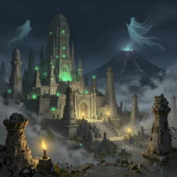 ancient city of white stone, night sky, green lights, torchlights, volcano fog, flying souls, ghosts, tonal colors, epic scale, dramatic lighting, detailed illustration, hd, 4k, digital art, overdetailed art, concept art, post processing, no blur, detailed illustration, hd, 4k, digital art, overdetailed art, concept art, Dan Mumford, Peter Mohrbacher, Alfons Mucha, trending on artstation, trending on artstation, environment highly detailed