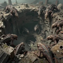 a highly detailed matte painting of a sinkhole filled with ruins and huge eldritch beasts crawling out of it, by artgerm, by wlop, by greg rutkowski, volumetric lighting, octane render, 4 k resolution, trending on artstation, masterpiece