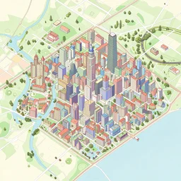 city isometric map, with a lot of details in different pastel colours, made by Ernst Haeckel