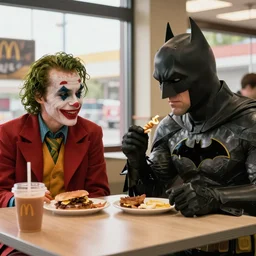 movie scene of batman and joker eating breakfast in mcdonald's, worm lighting, sunny day, dark knight ( 2 0 0 8 )