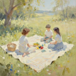 a picnic, oil painting, pale colors, high detail, 8 k, wide angle, trending on artstation,