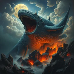 concept art of giant whale, lava rocks, lovecraftian, renaissance, roaring, melting horror, round moon, rich clouds, fighting the horrors of the unknown, overgrown forest, very detailed, volumetric light, mist, fine art, decaying, textured oil over canvas, epic fantasy art, very colorful, ornate scales