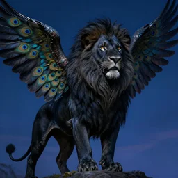 black lion with peacock wings, night sky, by michael whelan, by aaron blaise, by james gurney, epic, fantasy illustration, intricate, hyper detailed, concept art, smooth, sharp focus, vibrant, photo realistic, digital painting