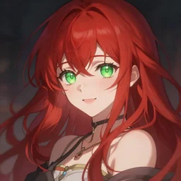 anime infp girl with red hair and green eyes, with a bright smile, dreamy, very atmospheric, intricate, hyper detailed digital art