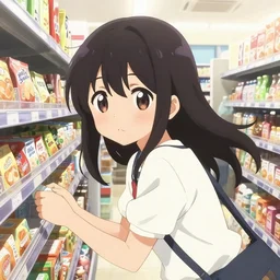 a cute young anime woman shopping in a conveinience store, cute face by ilya kuvshinov, yoshinari yoh, kyoani, masakazu katsura, dynamic pose, gelbooru, danboor, detailed eyes, anime poster, cel shaded