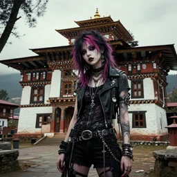 digital art of a goth, emo, crustpunk inspired thimpu, bhutan, vintage architecture by greg rutkowski. trending on artstation, high quality artwork, cyberpunk style.
