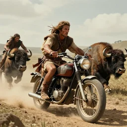 an ancient tribesman riding an ancient motorcycles,  motorized indians hunting buffalo ,attacking, chase, action scene, an epic fantasy, dramatic lighting, cinematic, establishing shot, extremely high detail, photorealistic, cinematic lighting, artstation, octane render, by simon stalenhag, horizon forbidden west,old photo, vintage