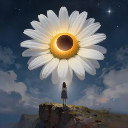giant white daisy flower blooming on head, girl standing on cliff, surreal photography, solar eclipse, stars, dramatic light, impressionist painting, clouds, digital painting, artstation, james gilleard, liam wong, jeremy mann, simon stalenhag