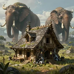 a concept art illustration, fantasy shack with mechanical feet, megafauna creature, large biomes, hyper realistic, photorealistic, art by wlop, hyper detail, trendung on artstation, cgsociety, ultra sharp, digital painting