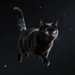 black cat is floating in space, photo 4k