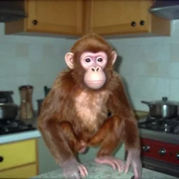 a wax monkey in a stalinist style kitchen, by mini dv camera, very very low quality, heavy grain, very blurry, accidental flash, webcam footage, found footage, security cam, caught on trail cam