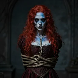 dark portrait, death ultra red head woman in medieval dress, strangled with rope, bluish face, victorian style, high detail 8 k